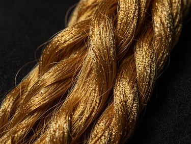 Extreme macro close-up of raw golden Muga silk threads, dramatic lighting with deep shadows, showcasing the natural metallic golden luster and organic texture.