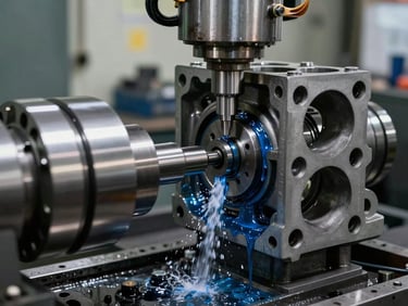 Industrial CNC grinding machine cutting a heavy engine block with blue coolant fluid spraying, sharp focus on tool-to-metal contact point, high-contrast engineering workshop environment