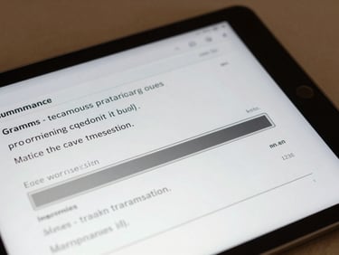 A close-up of a digital tablet screen displaying complex grammatical analytics and a progress bar, clean library lighting