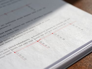 A close-up of physical test papers with red analytical annotations and score metrics, clean library lighting, high contrast.