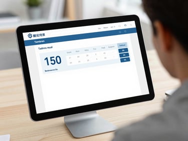 Tight over-the-shoulder shot of a candidate interacting with a digital exam interface. The screen displays a timed standardized test with a countdown timer and score analytics. Focused daylight, clean modern study space.