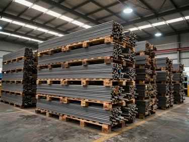 Wide environmental shot inside a forging unit warehouse, pallets of bundled scaffolding tubes stacked floor to ceiling under overhead fluorescent lights, industrial documentary framing, no workers posed
