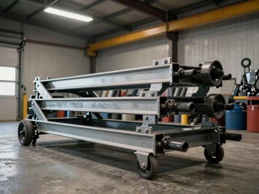 Wide shot of forged garage equipment — trolley jack frames and wheel chock components stacked in an industrial storage bay, ambient overhead shop light, concrete floor visible