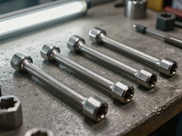 Tight detail shot of forged socket extension bars and universal joints laid flat on a concrete workshop bench, tool steel finish visible, overhead fluorescent lighting