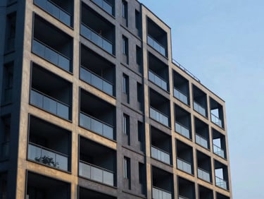 Architectural detail of a residential block, geometric patterns, overcast daylight, 35mm