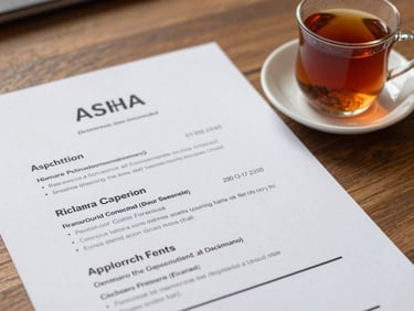 Close-up of a neatly printed resume on a wooden desk next to a cup of traditional Assam tea, soft daylight