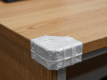 Tight macro shot of protective corner-wrapping on a wooden desk, secured with heavy-duty tension plastic, crisp warehouse lighting