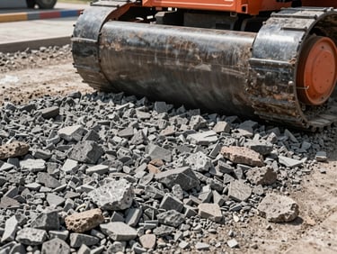 Close-up of crushed stone subgrade base being compacted by heavy machinery under bright daylight, 35mm