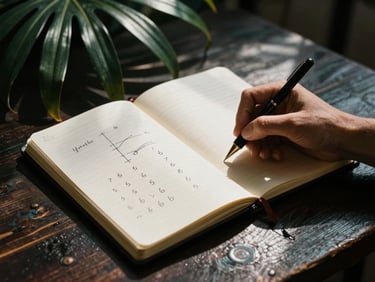 Gros plan sur un carnet de notes de luxe et un stylo sur une table en bois sombre, avec des schémas et des chiffres, symbolisant la stratégie et l'apprentissage, lumière dramatique, high-contrast editorial photography, tons or et noir.