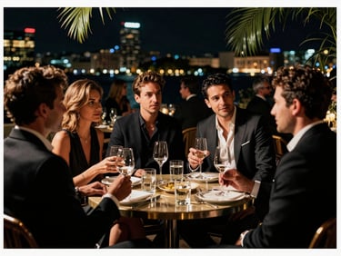Groupe d'entrepreneurs élégants en conversation lors d'un événement de réseautage premium, verres à la main, arrière-plan flou d'une ville illuminée la nuit, ambiance chaleureuse et exclusive, tons or et noir, high-contrast editorial photography.