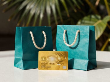 Stylized credit card with gold accents next to a small stack of premium shopping bags, high-contrast, soft studio lighting, medium format film.