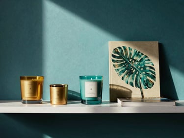 Curated collection of high-end lifestyle products on a minimalist shelf, scented candle, design book, high-contrast, soft studio lighting, medium format film.