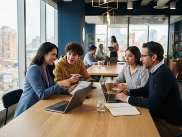 Profesionales y estudiantes latinoamericanos colaborando en un entorno de aprendizaje moderno, con tecnología, bajo luz natural diurna, predominan los tonos azules y dorados, enfoque suave en el fondo.