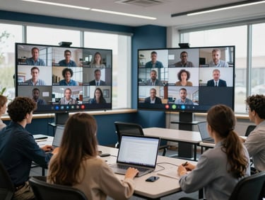 Vista de un moderno aula híbrida con estudiantes presenciales y otros conectados virtualmente en pantallas grandes, colaborando en un proyecto de grupo, iluminación natural.