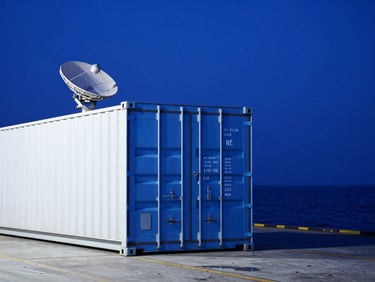 Wide shot of a refrigerated shipping container on a dock at night, glowing blue, with a satellite dish visible on top, cold bright daylight, deep oceanic blues and clean whites, high-contrast details