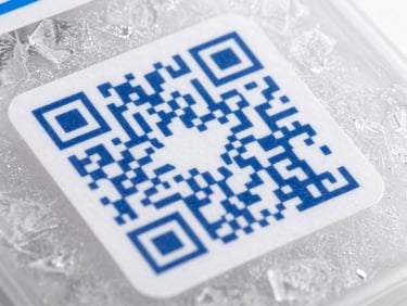 Close-up macro shot of a QR code label on a frozen seafood box, with ice crystals visible, sharp studio-style lighting on ice, high-contrast details