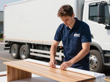 A professional crew member in a clean branded uniform meticulously wrapping a wooden furniture piece with protective packing material, bright daylight, sharp focus