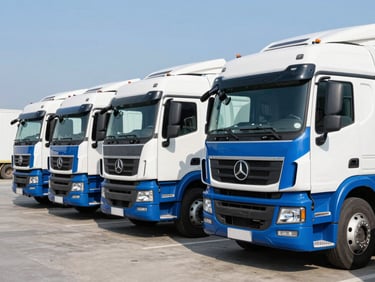 A fleet of modern blue and white transport trucks parked in a clean, organized logistics yard under clear bright daylight.