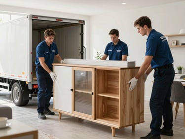 Professional movers in branded uniforms carefully wrapping a wooden cabinet with protective modern materials in a bright apartment.