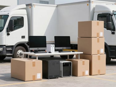 Meticulously organized office moving boxes and modern computer equipment labeled and secured, ready for transit.