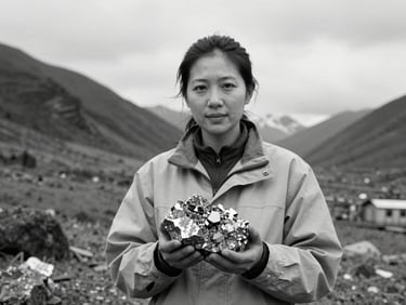 High-contrast black and white professional field portrait of female geologist holding mineralized rock core, overcast mountain daylight, cool slate tones, sharp focus, 35mm lens
