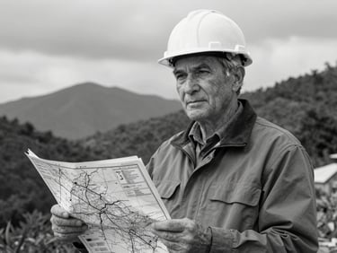 High-contrast black and white professional field portrait of senior geologist with geological map, overcast mountain daylight, cool slate tones, sharp focus, 35mm lens