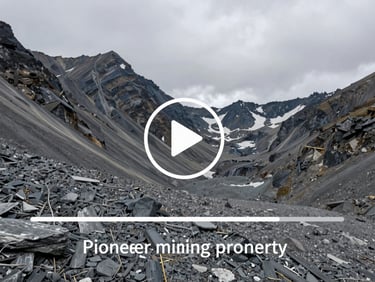 Video player interface overlay on a wide-angle rugged mountain landscape of the Pioneer mining property, overcast daylight, play button icon centered.