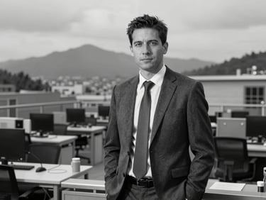 High-contrast black and white professional portrait of male finance director in industrial office, cool slate tones, sharp focus, 35mm lens