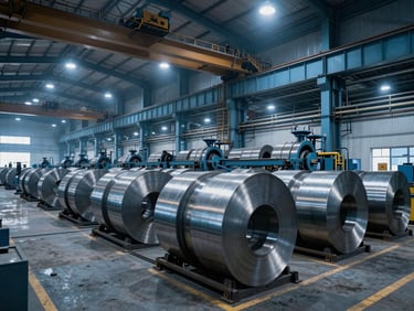 Wide panoramic shot of a modern Pakistani industrial steel processing facility with cool blue industrial lighting, overhead cranes, and metal coils