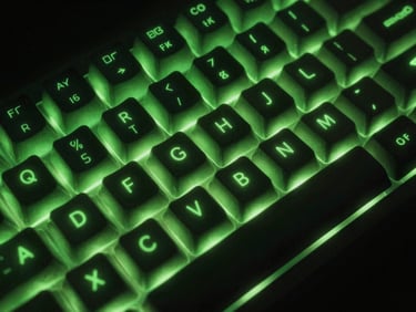 Tight macro shot of a mechanical keyboard in a low-light setup, glowing with bright volt green backlighting, emphasizing raw input control