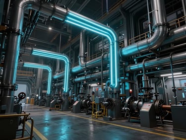 High-contrast game environment capture of a futuristic cyber-industrial factory floor, cyan neon pipes lighting up dark metallic structures