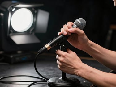 Performer's hands gripping a microphone on stage, single overhead work light, cables on the floor, dark background