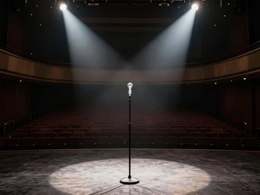 Wide angle of an empty comedy stage after a show, two spotlights crossing on a bare microphone stand, dark venue seats in the background