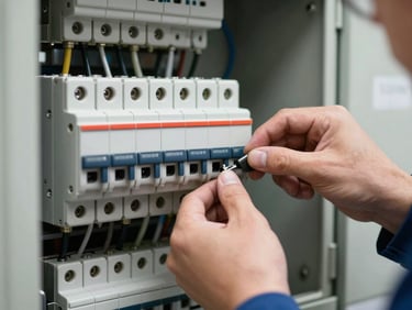 Technician's hands tightening a circuit breaker inside a residential panel, overcast daylight, metal and plastic components in sharp focus, no faces