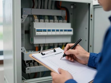 Technician's hand writing on a clipboard next to an open electrical panel inside a home, overcast daylight from a nearby window, no faces visible