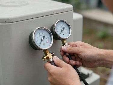 Close-up of hands using a manifold gauge set on an AC outdoor compressor unit, overcast natural daylight, metal surfaces and refrigerant hoses visible