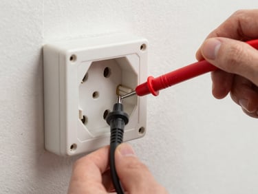 Close-up of a multimeter probe touching electrical terminals inside a wall socket, soft indoor daylight, cables and metal contacts in focus, hands steady in frame