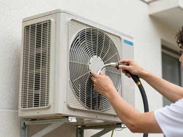 Hands attaching refrigerant lines to an outdoor AC unit mounted on an apartment exterior wall, natural daylight, tools visible in frame, no faces