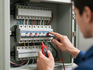 Interior electrical panel open, a technician's hand pointing at a circuit breaker with a voltage tester, natural indoor daylight, warm neutral tones