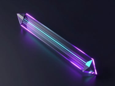 Abstract 3D visualization of data streams flowing through a translucent glass prism, neon violet edge-lights, dark ambient setting