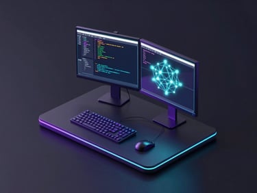 Isometric view of a modern developer workspace with dual monitors displaying complex code and glowing network nodes, neon highlights