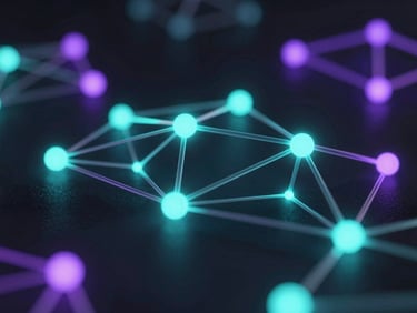 Abstract 3D data visualization of glowing network nodes, neon teal highlights, dark obsidian background, cinematic depth of field, cinematic lighting