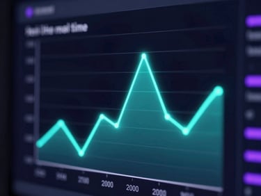 Macro shot of a digital analytics interface displaying real-time traffic spikes, glowing neon teal line charts, sleek dark background
