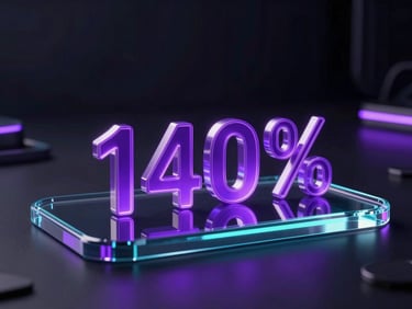 Sleek glassmorphic dashboard showing a 140 percent increase node, glowing neon violet accents, dark ambient background, cinematic lighting