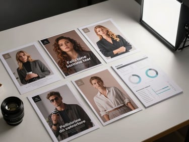 Overhead flat-lay of a marketing campaign spread — printed ads, social format mockups, and an analytics dashboard printout arranged on a light desk surface, bright studio strobe light, no people