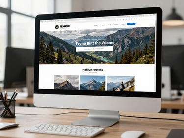Wide environmental shot of a desktop monitor showing a fully designed website homepage at full resolution, studio workspace visible in periphery, bright even north-facing daylight, no people