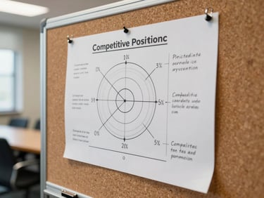 Close-up on a printed competitive positioning matrix pinned to a corkboard in a quiet conference room, handwritten annotations in the margins, flat north-facing daylight