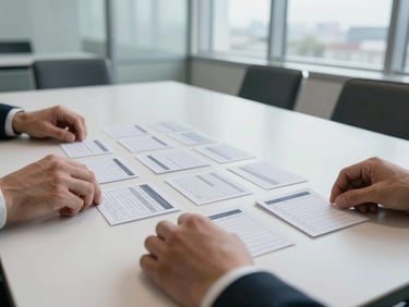Hands arranging printed framework cards on a white table surface in an empty meeting room, overcast daylight from a large window, strategy columns visible on the cards