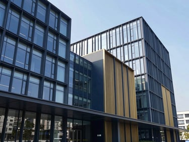 Wide environmental shot of a modern architectural trade hub facade under crisp daylight, geometric steel and glass structures
