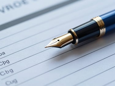 Macro detail of high-end trade documentation with a gold fountain pen resting on structured paper, cool blue undertones, professional lighting
